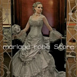 Silver Gothic Victorian Wedding Dress Floral Bustle Corset Gown