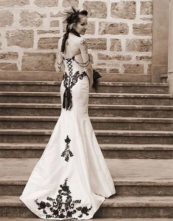 Gothic wedding dresses: Black and white satin, off-shoulder, beaded corset gown - Image 4