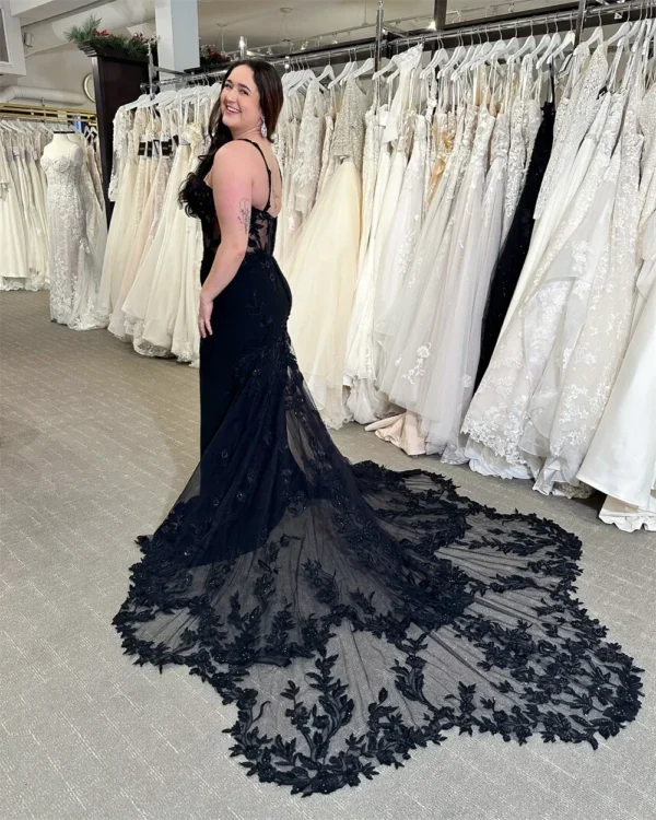 Black Boho Wedding Dress Lace Appliques Open Back Long Train