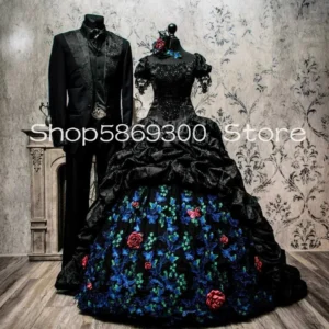 Black Gothic Victorian Wedding Dress With 3D Floral Corset Gown