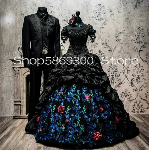 Black Gothic Victorian Wedding Dress With 3D Floral Corset Gown