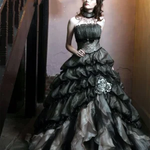 Champagne Black Gothic Wedding Dress Ruffles Tiered Corset Organza