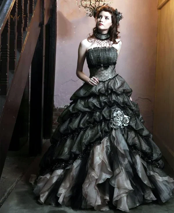 Champagne Black Gothic Wedding Dress Ruffles Tiered Corset Organza