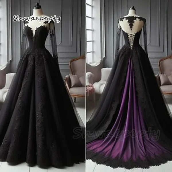 Gothic Wedding Dresses: Purple and Black A-Line Vintage Bridal Gown