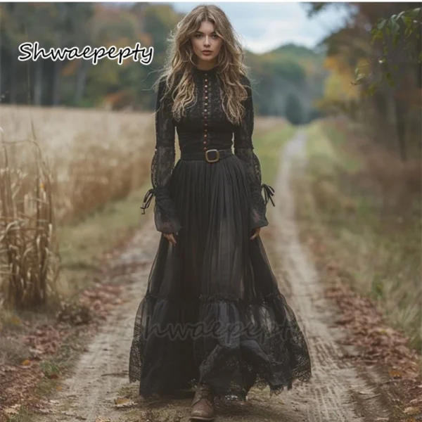 Gothic Wedding Dresses: Boho A-Line Black Lace Bridal Gown