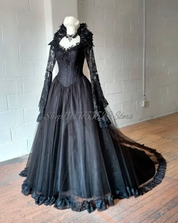 Classic Black Gothic Wedding Dress Victorian Lace Applique Corset - Image 3