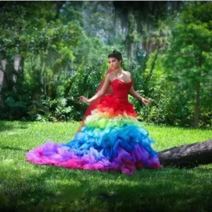 Creative Gothic Rainbow Wedding Dress Lace-Up Sweetheart Pleated Ruffles