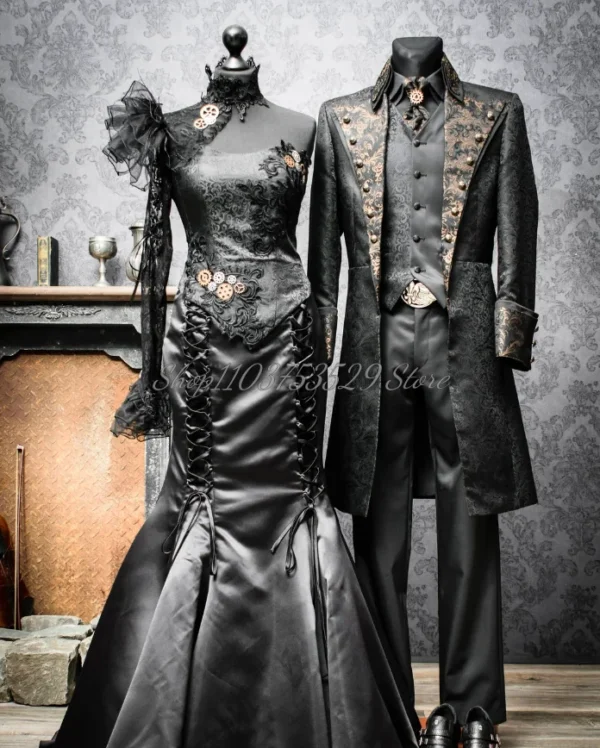 Black Gothic Wedding Dresses: One-Shoulder, Steampunk, Embroidered, Fishtail Elegance