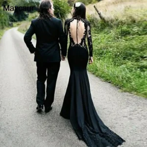 Gothic Black Mermaid Wedding Dress Lace Illusion Long Sleeves