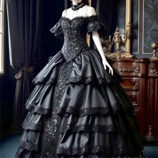 Gothic Black Off Shoulder Victorian Corset Wedding Ball Gown Customized - Image 3