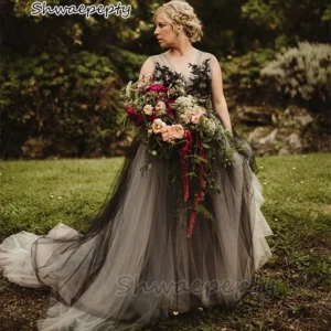 Ivory Black Gothic Wedding Dress V-neck Open Back Tulle Gown