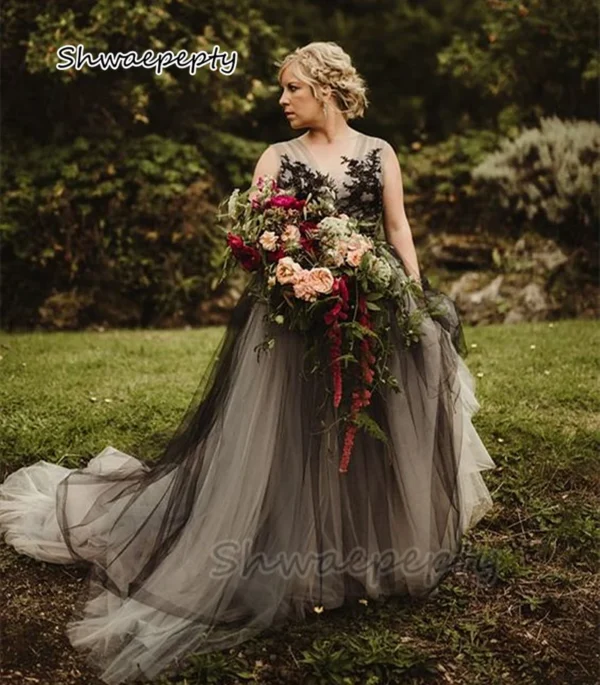 Ivory Black Gothic Wedding Dress V-neck Open Back Tulle Gown
