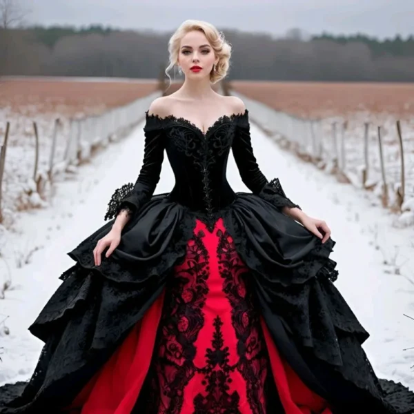 Gothic Wedding Dresses Black Red Lace Corset Long Sleeves Gown Customized