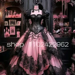 Black Pink Gothic Victorian Wedding Dress Long Sleeve Corset Gown