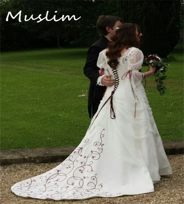 Victorian Gothic Wedding Dress With Red Embroidery Lace-Up Customized - Image 2