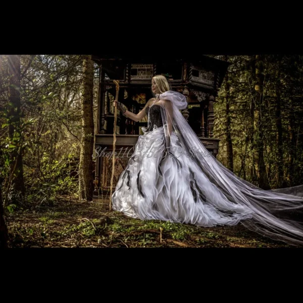 Delicate gothic wedding dresses with lace-up corset and layered appliqué