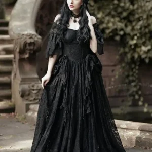 Victorian Gothic Black A-Line Lace Off-Shoulder Wedding Gown Customized