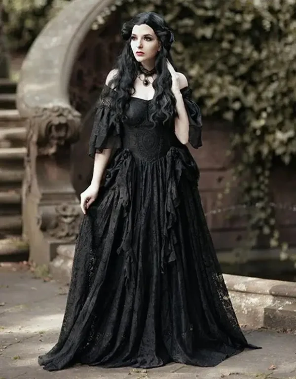 Victorian Gothic Black A-Line Lace Off-Shoulder Wedding Gown Customized