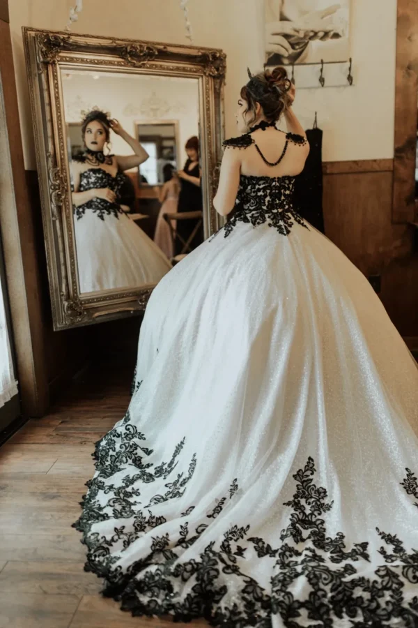 Vintage Black White Ball Gown Sequin Sleeveless Gothic Bridal Dress - Image 2
