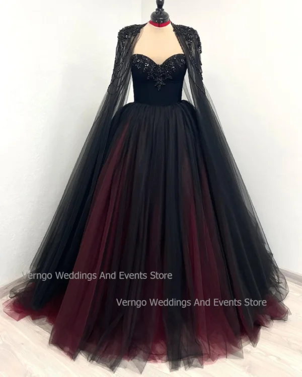 Gothic Black Wedding Dress Sweetheart Beaded Cape Tulle Gown - Image 2