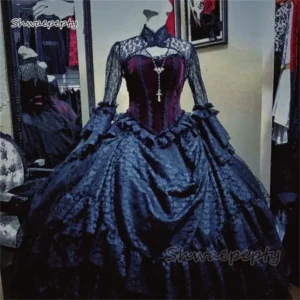 Vintage Victorian Black Gothic Lace Ball Gown Strapless Wedding Dress