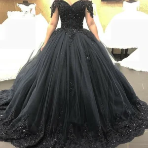 Gothic Black Wedding Dress Off The Shoulder Ball Gown Lace Appliques