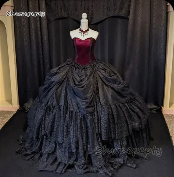 Vintage Victorian Black Gothic Lace Ball Gown Strapless Wedding Dress - Image 2