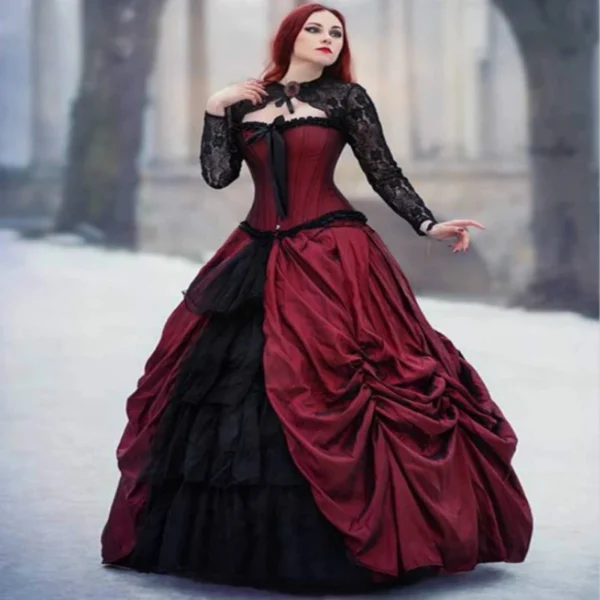 Gothic Wedding Dresses: Burgundy Black Lace-up Corset Plus Size Gown - Image 4