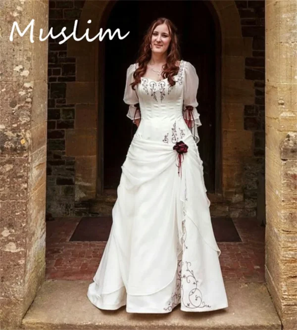 Victorian Gothic Wedding Dress With Red Embroidery Lace-Up Customized - Image 3