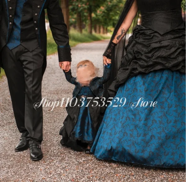 Gothic wedding dresses: Vintage blue, black satin, pleated, medieval bridal - Image 3