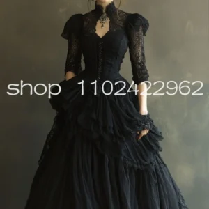 Customized Vintage Gothic Black Princess Wedding Dress Long Sleeve