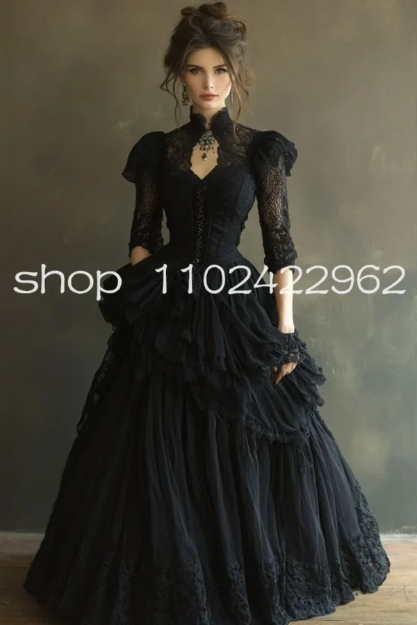Customized Vintage Gothic Black Princess Wedding Dress Long Sleeve