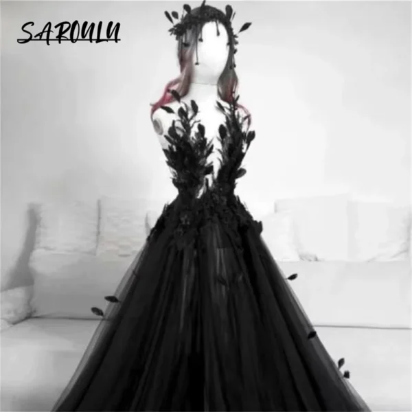 Gothic wedding dresses, black tulle A-line deep V-neck bridal gown - Image 3