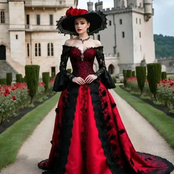 Gothic wedding dresses, Victorian black red lace-up corset gown