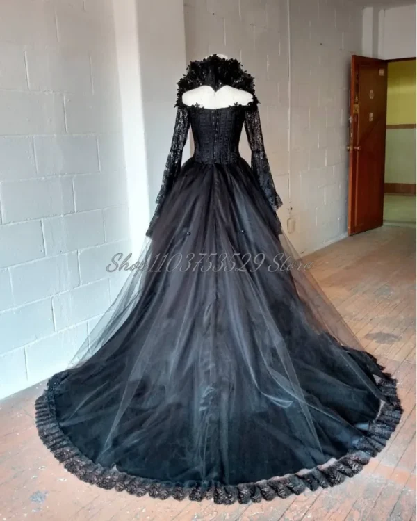 Classic Black Gothic Wedding Dress Victorian Lace Applique Corset - Image 2