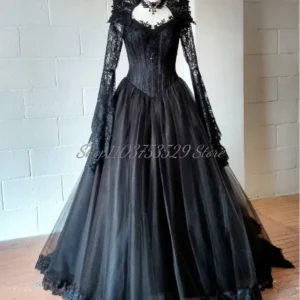 Classic Black Gothic Wedding Dress Victorian Lace Applique Corset