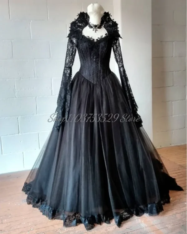 Classic Black Gothic Wedding Dress Victorian Lace Applique Corset