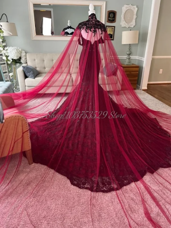 Gothic wedding dresses with black red lace, ruffles, detachable cape - Image 4