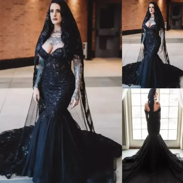 Gothic Wedding Dresses: Black Mermaid Off-Shoulder Lace Bridal Gown