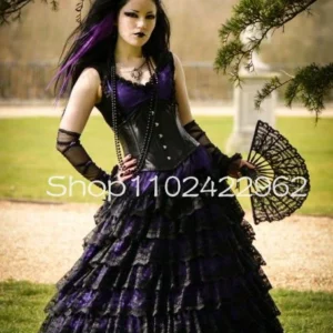 Black Purple Gothic Wedding Dress Vintage Ruffles Lace Corset Skirt