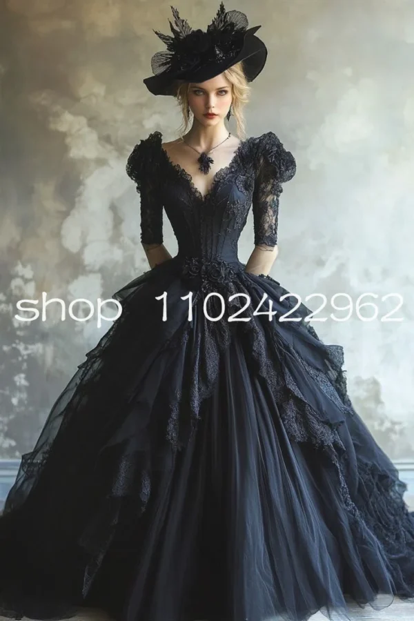 Gothic wedding dresses: vintage black, half-sleeve, corset, lace-up gown