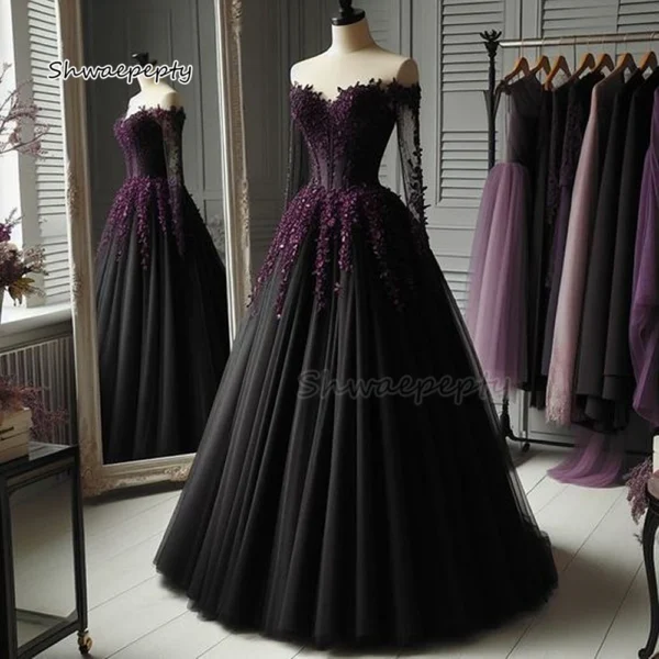 Gothic Wedding Dresses: Black A-Line Off-Shoulder Tulle Bridal Gown