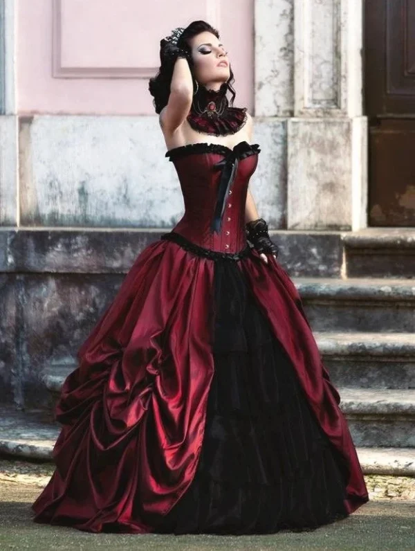 Gothic Wedding Dresses: Burgundy Black Lace-up Corset Plus Size Gown - Image 5