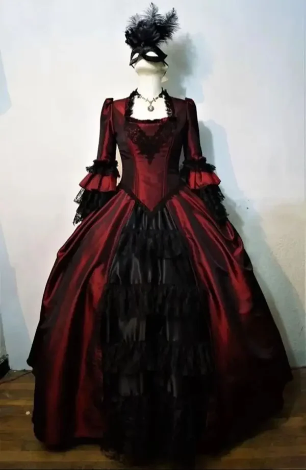 Gothic Wedding Dresses: Dark Red & Black Ruffle Bridal Gown