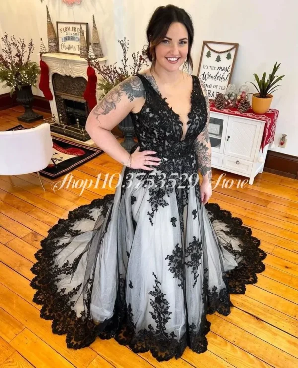 Gothic V-neck Black White Embroidered A-line Wedding Dress Couture - Image 2