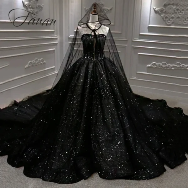 Gothic wedding dresses, luxury strapless black bridal gown with train