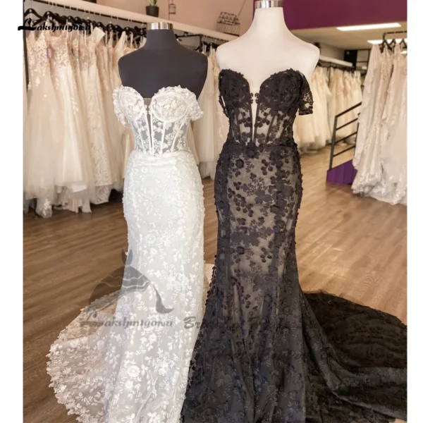 Gothic Wedding Dresses: Black Lace Boho Mermaid Off-Shoulder Gown