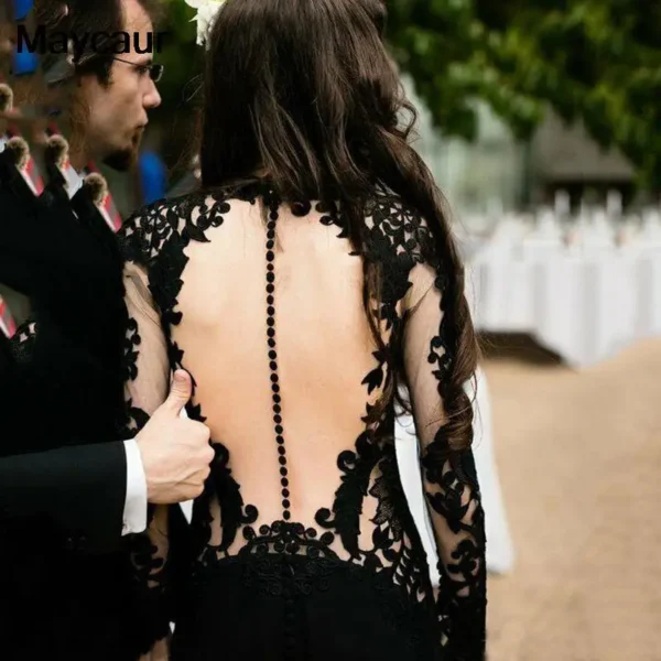 Gothic Black Mermaid Wedding Dress Lace Illusion Long Sleeves - Image 3