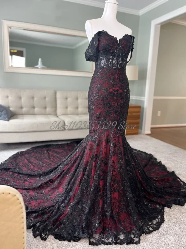 Gothic wedding dresses with black red lace, ruffles, detachable cape - Image 2