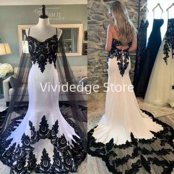 Gothic wedding dresses: Black and white satin mermaid gown with spaghetti straps